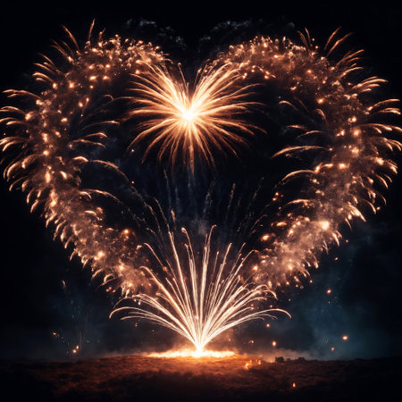 Colorful fireworks in the night sky with heart shape on black background.の素材