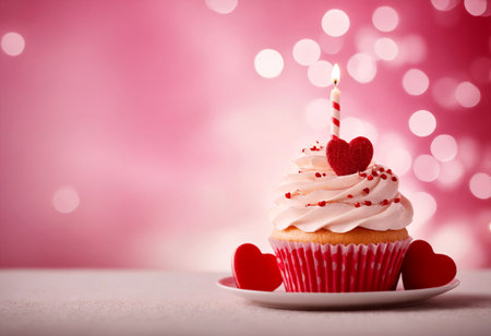 Valentine's day cupcake with candles and hearts on bokeh background.の素材