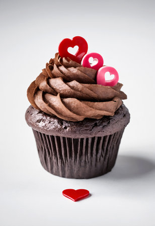 Chocolate cupcake with red hearts on white background. Valentines day.の素材