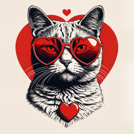 Cute cat with heart shaped glasses. Vector illustration for t-shirt print.の素材