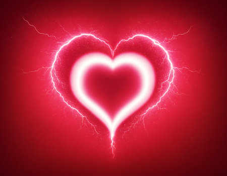 Red heart with lightning on a red background. Valentine's day.の素材