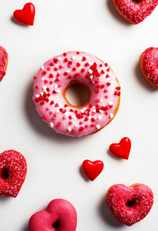 Donut with pink glaze and red hearts on white background, top view.の素材