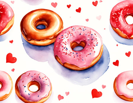 Watercolor donuts on a white background with hearts.の素材