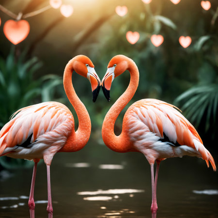 Two flamingos in love on the water. Valentines day background.の素材