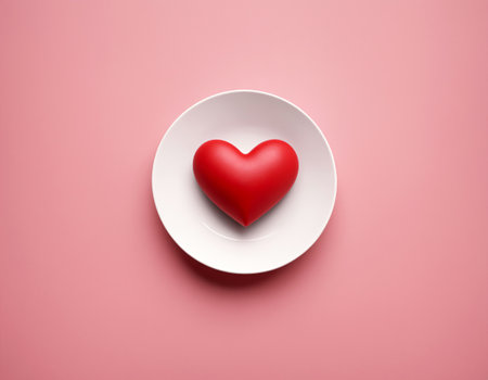 Red heart on a white plate on a pink background, top view.の素材