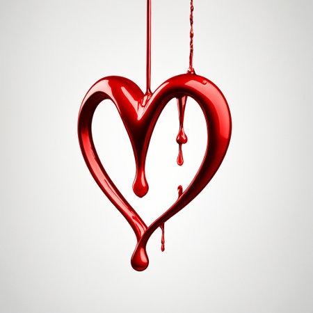 Red paint dripping in the shape of a heart on a white background.の素材