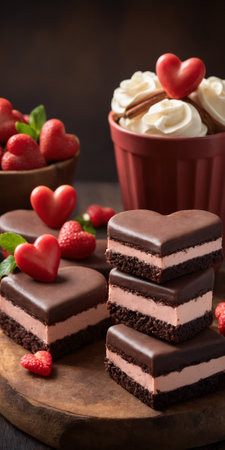 Chocolate pastry with white vanilla filling and heart-shaped cookies.の素材