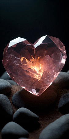Beautiful heart-shaped gemstone on black background.の素材