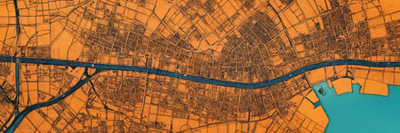 Handcrafted vintage map in orange and blue tones.の素材