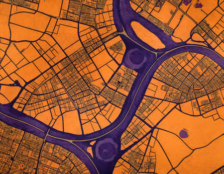 Handcrafted antique map in orange and violet tints.の素材