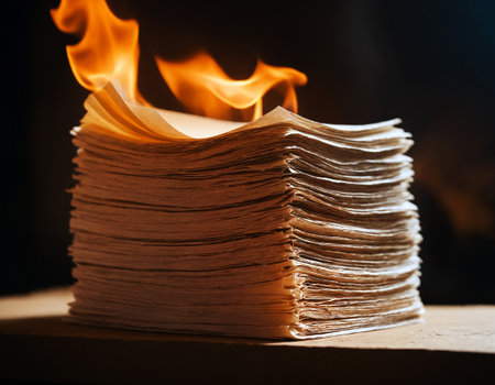Close up of a stack of documents on a wooden table with fire.の素材