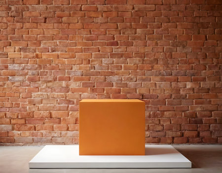 Orange product stand in front of brick wall.の素材