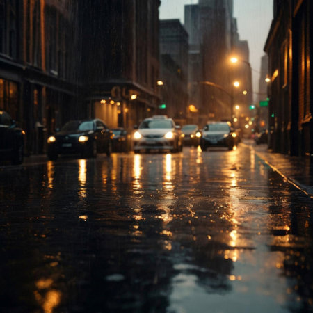 Rain descends upon a European street at night, with cars passing by in the background, their headlights reflecting on the wet pavement.の素材