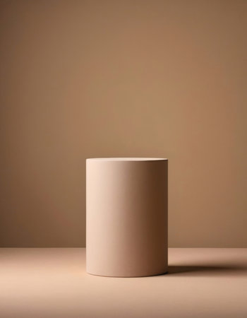 A beige cylindrical tall display stand designed for showcasing products, placed against a light background, providing a clean and minimalist presentation.の素材