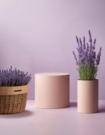 A round pink display stand designed for showcasing products, set against a purple background with lavender in a basket, offering a delightful and natural presentation.の素材