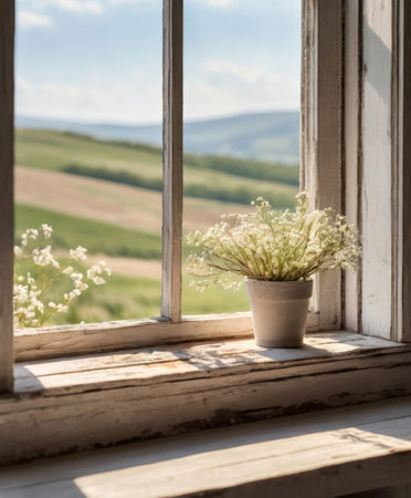 An old vintage window with a scenic backdrop, ideal for product showcasing or creating a nostalgic atmosphere.の素材