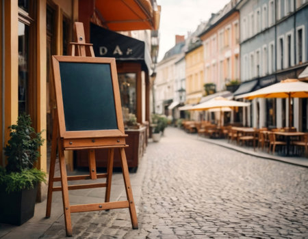 An easel set on a picturesque European street, providing an empty space for menu placement. Ideal for showcasing restaurant menus or promotional content in a charming, elegant setting.の素材