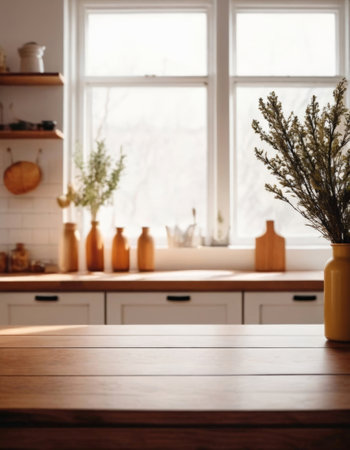 An empty wooden table, with a bouquet, in the background of a kitchen, perfect for displaying products. This attractive setting is perfect for displaying products in the kitchen.の素材