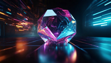 A striking background featuring a neon-bright diamond set against a dark wall. The diamond's vivid, glowing colors contrast sharply with the dark backdrop, creating a dramatic and eye-catching effect. Perfect for luxurious, high-impact, or glamorous themes.の素材