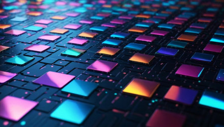 A vibrant background featuring a neon-bright circuit board with glowing lines and intricate electronic patterns. The neon effect emphasizes the futuristic and high-tech feel of the circuit board, making it perfect for tech-themed designs and digital aesthetics.の素材