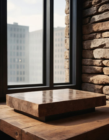 A massive marble stand positioned in front of a window, providing an elegant and sturdy surface for product display. The luxurious marble texture and natural light create a sophisticated and commanding backdrop, perfect for showcasing items in a refined and opulent setting. Ideal for use in product photography, interior design, or promotional materials.の素材