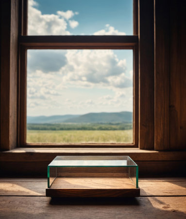 A glass product stand positioned on a wooden windowsill, combining the clarity of glass with the warmth of wood. The transparent glass provides a modern and elegant display surface, while the wooden sill adds a natural and rustic touch. Ideal for showcasing products in a refined and stylish setting. Perfect for use in product photography, interior design, or promotional materials.の素材