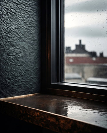 A background featuring a stone windowsill set against a backdrop of a European city, providing a classic and sophisticated setting for product display. The robust texture of the stone contrasts with the charming and historic urban view, creating a timeless environment for showcasing products. Ideal for product photography, interior design, or promotional materials, this setup blends traditional elegance with European charm.の素材