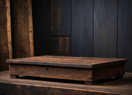 A rectangular wooden pedestal designed for showcasing products, set against a dark brown wall. The rich, deep tones of the wall create a dramatic and sophisticated backdrop, highlighting the product's features. This setting is ideal for elegant and high-end product presentations, offering a contrast that enhances visibility and adds a touch of luxury to the display.の素材