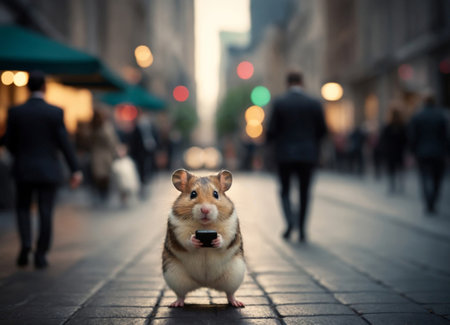 A cute hamster holding a phone stands on a bustling city street, capturing a moment of urban life with an adorable twist. This image combines the elements of modern technology and city life with the whimsical charm of a hamster, making it perfect for themes related to communication, technology, and urban environments.の素材