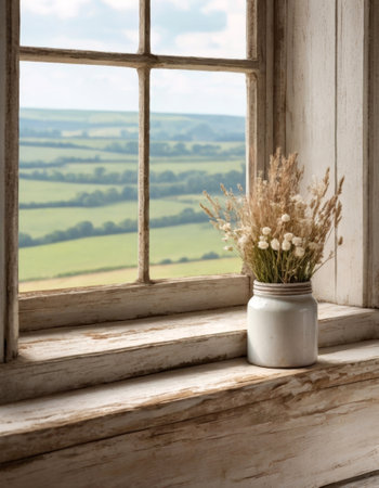 A charming scene featuring a bouquet of dried flowers in a tin can placed on an old windowsill, with a picturesque view of a meadow. The combination of rustic elements and natural beauty creates a nostalgic and tranquil atmosphere, perfect for evoking a sense of timeless elegance and serene countryside charm.の素材