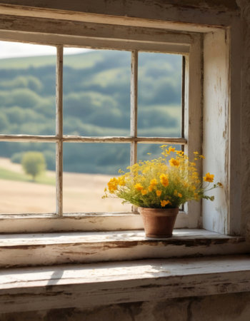 A charming bouquet of yellow wildflowers sits on a weathered windowsill, with a serene view of a wide open field stretching beyond the window. The vibrant yellow flowers contrast beautifully with the aged wood, evoking a sense of rustic tranquility and timeless natural beauty.の素材