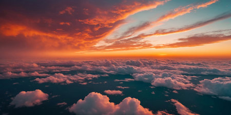 A stunning scene featuring a beautiful orange sky at sunset, accented with soft white clouds. The warm hues of the setting sun blend harmoniously with the clouds, creating a serene and mesmerizing view that captures the peacefulness and beauty of the evening sky.の素材