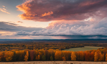 A stunning autumn landscape set against a vibrant orange sky. The rich fall foliage contrasts beautifully with the warm hues of the sky, creating a picturesque and serene scene that highlights the natural beauty of the season and the dramatic sky.の素材