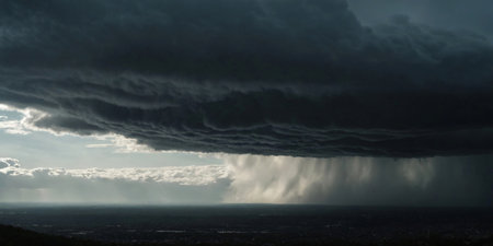 A powerful scene showcasing a dark blue sky during a thunderstorm over a city. The gathering storm clouds create an intense and dramatic atmosphere, perfect for projects requiring a moody urban backdrop.の素材