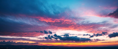 A mesmerizing sky in vibrant neon tones stretches over a scenic landscape, creating a striking and modern contrast. The vivid neon colors of the sky provide a bold backdrop to the natural scenery below, making it ideal for use in creative, nature, and artistic projects.の素材