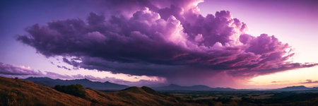 A beautiful cloud in shades of purple floats above a scenic landscape, creating a dreamy and ethereal backdrop. The soft purple hues of the cloud contrast gently with the natural scenery below, making it ideal for nature, travel, and artistic projects.の素材
