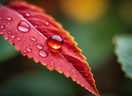 Description: A red leaf adorned with water drops, showing its vibrant color and intricate details. The glistening droplets catch the light, creating a beautiful contrast that captures the essence of nature after a rain shower, making it ideal for nature photography and artistic compositions.の素材