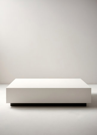 Description: A white square food display stand positioned against a light-colored wall, designed to showcase food items elegantly. Perfect for catering, events, or restaurant settings, this stand enhances the presentation with a modern and clean aesthetic.の素材