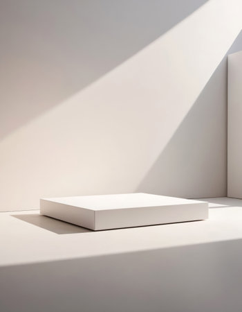 Description: A white rectangular stand for displaying products, positioned against the rays of sunshine. Perfect for showcasing items in retail, photography, or outdoor settings, combining modern design with a natural, sunlit ambiance.の素材