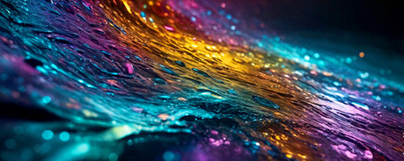 A horizontal abstract background featuring rainbow water, where vibrant colors flow and blend seamlessly to create a striking and cheerful composition. The vivid hues reflect light in a way that evokes a sense of joy and creativity, while the fluid motion of the water adds an element of energy. This captivating image is perfect for designs that celebrate diversity, positivity, and the beauty of nature.の素材