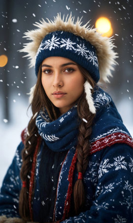 A close-up of a beautiful Indian girl's face, set against the backdrop of a winter forest, surrounded by snow-covered trees, capturing her serene expression and the tranquil winter atmosphere, perfect for winter or portrait-themed designs.の素材