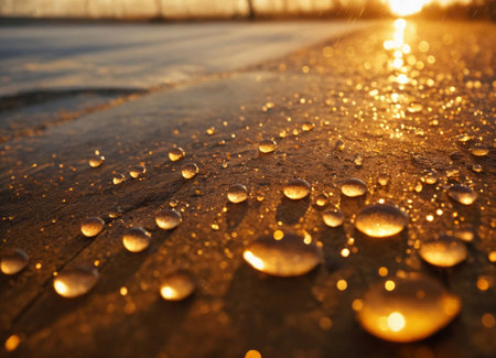 A captivating close-up image featuring sparkling water droplets scattered across a reflective surface, illuminated by the warm, golden light of a setting sun. The blurred background showcases the serene beauty of a sunset over a body of water, with hues of orange and yellow casting a magical glow. The droplets glisten like tiny jewels, capturing the essence of tranquility and natural beauty. Perfect for themes of nature, serenity, water elements, and the magic of golden hour, this image is ideal for wellness projects, environmental campaigns, or artistic backgrounds.の素材