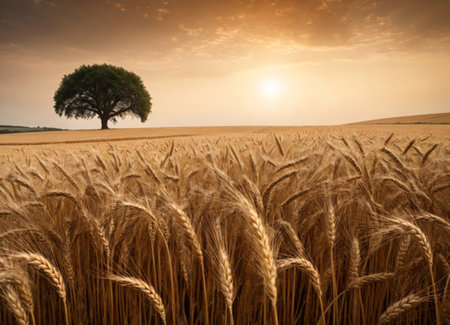 A breathtaking view of a golden wheat field bathed in the warm glow of a setting sun, casting long shadows across the endless sea of ripened grain. In the distance, a solitary tree stands tall against the horizon, adding a touch of serenity and solitude to this idyllic rural landscape. The sky above is a mix of soft oranges and purples, creating a peaceful and dreamy atmosphere. Perfect for themes of agriculture, nature, tranquility, and the beauty of the countryside during harvest season.の素材