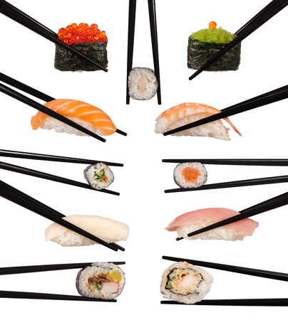 Collection of various types of sushi isolated on white の写真素材