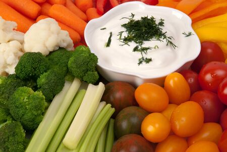 Fresh vegetables with dip の写真素材