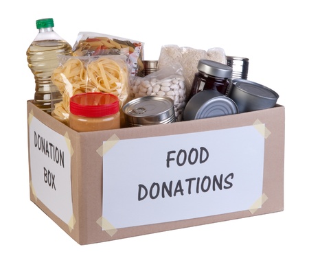 Food donations box isolated on white background の写真素材