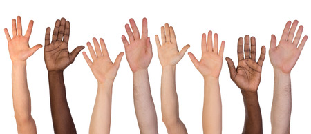 Many hands up isolated on white background Many hands up isolated on white background