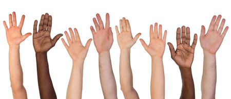 Many hands up isolated on white background