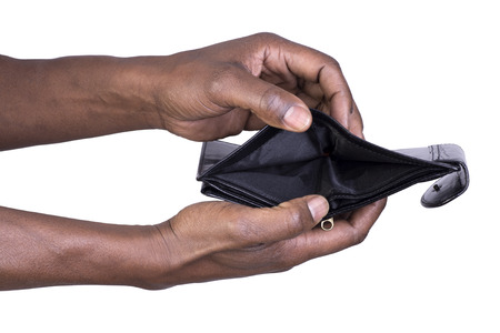 Man holding empty wallet isolated on white backgroundの写真素材