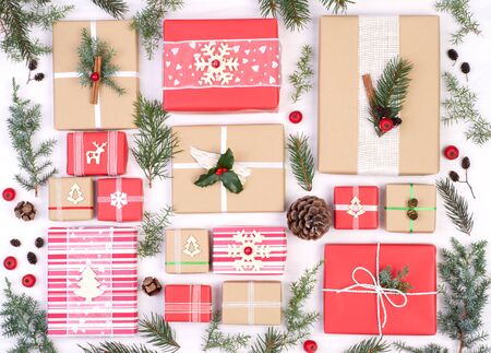 Christmas presents on white background, top view